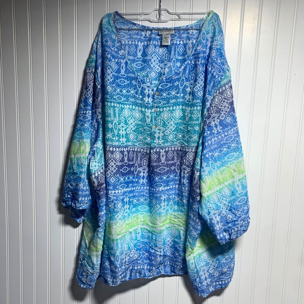 Catherines Plus 5X Santa Fe Peasant Top Colorful Tile Blue Teal Aztec‎ Boho Fun